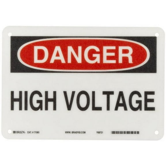 Brady 71565 7" Height, 10" Width, B-120 Premium Fiberglass, Black And Red On White Color Admittance Sign, Legend "Danger, High Voltage"