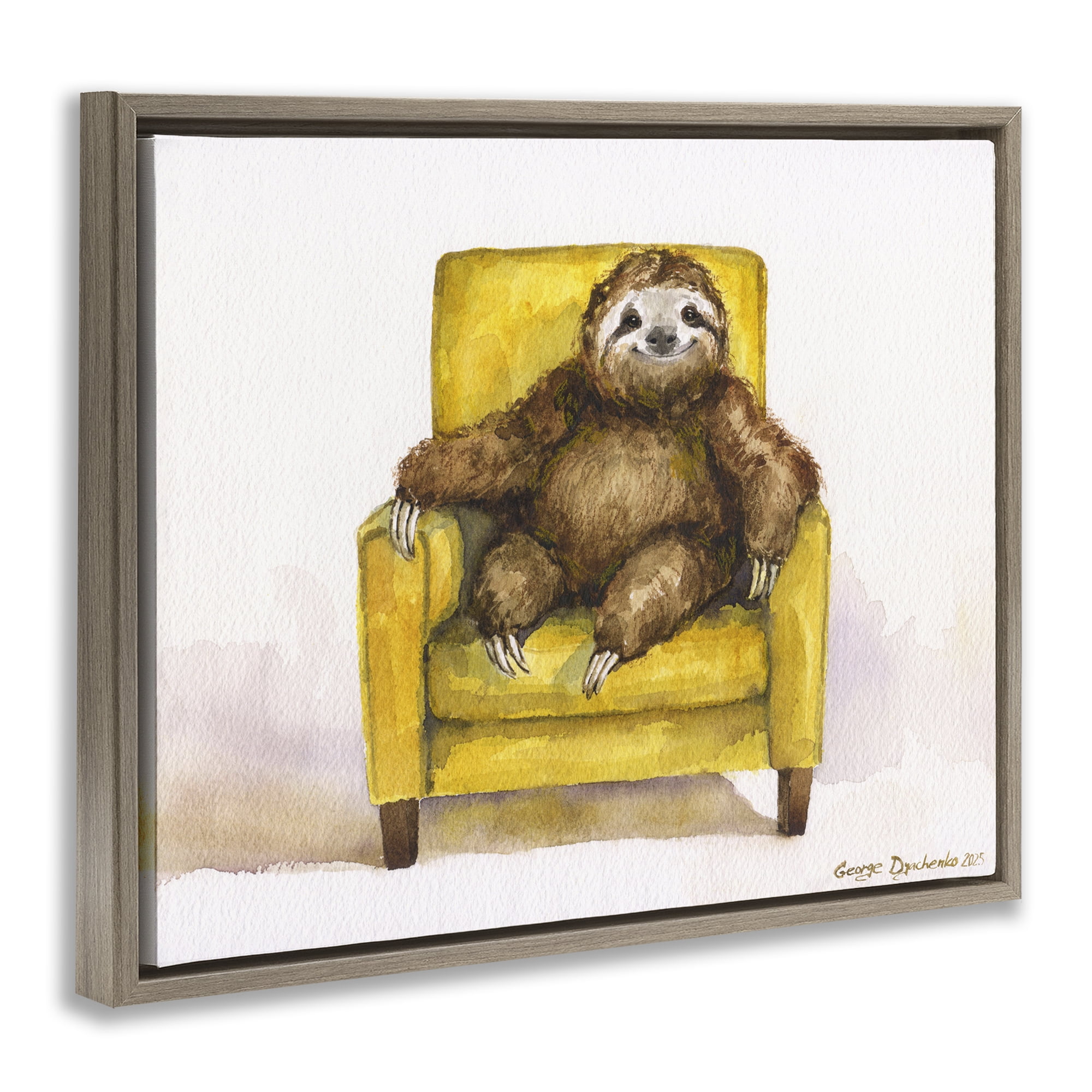 Stupell Industries Happy Sloth Relaxing on Armchair Brown Framed Floater Canvas Wall Art, design by George Dyachenko