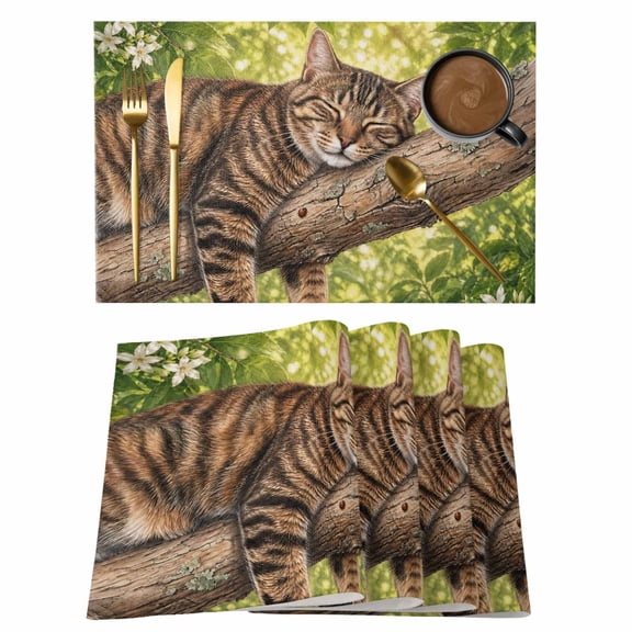 Sleeping Cat Summer Placemats Set of 6 Green Garden Floral Botanical Place Mats Indoor Wipeable Table Mats Washable Cloth Dining Table Placemats for Kitchen Holiday Party Home Decor 13x19 Inch