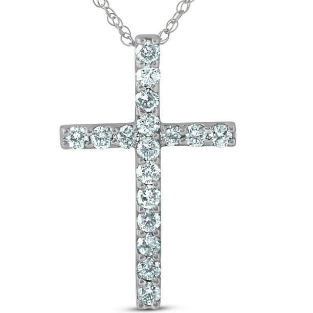Pompeii3 1 Ct Diamond Cross 14k White Gold 18" Chain Womens Necklace