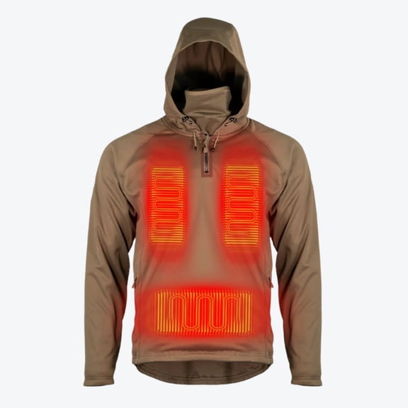 Mobile Warming Agarics Heated Pullover Jacket for Men, 1/4 Zip Softshell With Hood, 4000mAh Battery, Morel, Small