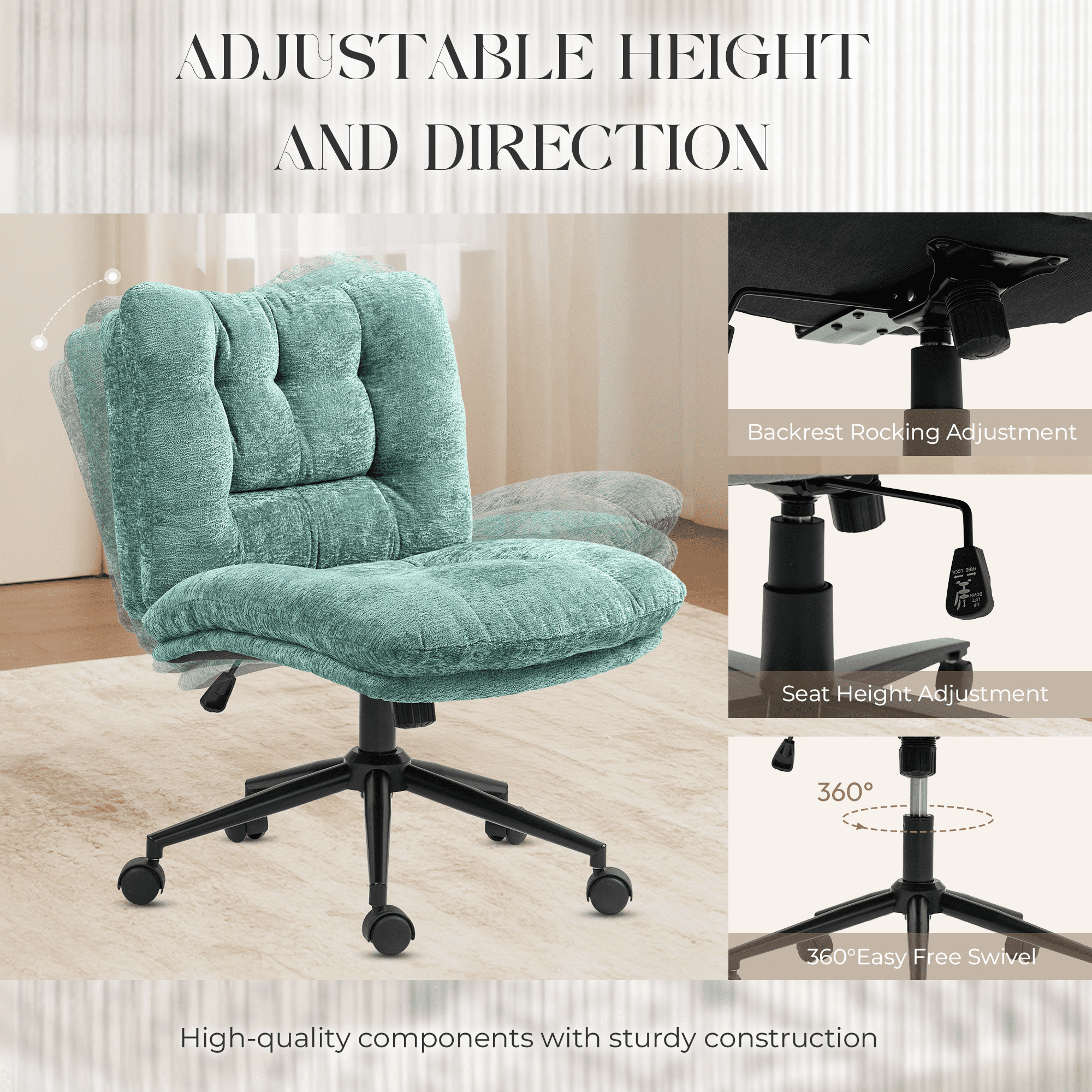 Goosea Armless Criss Cross Chairs, Premium Fabric Wide Padded Seat Office Chair，Modern Vanity Chair with Dual-Layer Cushion and Smooth-Rolling Wheels，Green