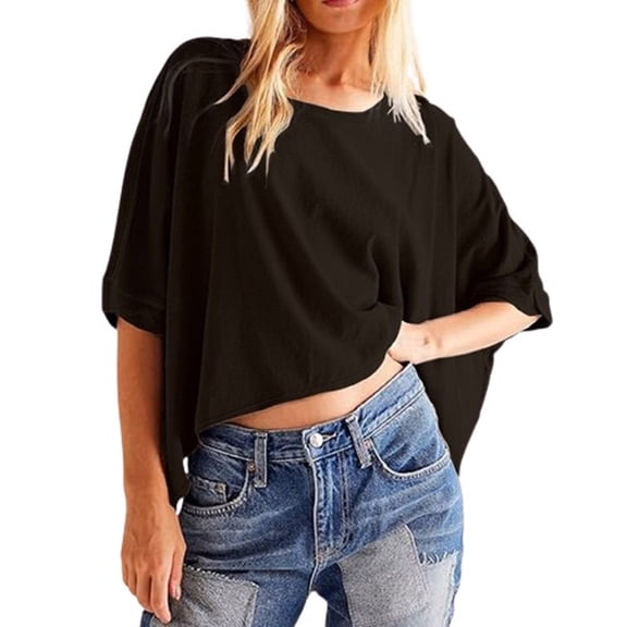 Womens Tshirts Cropped Short Sleeve Oversized Loose Casual Summer Tee Tops Black L