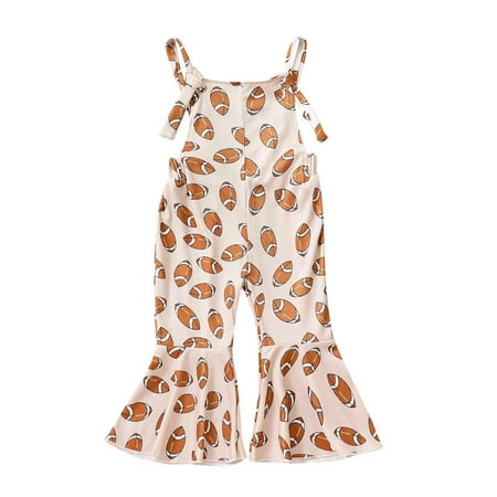 

Qtinghua Toddler Baby Girls Strap Jumpsuit Sleeveless Backless Football Tuhby Print Romper Bell-Bottoms Playsuit Khaki 3-4 Years