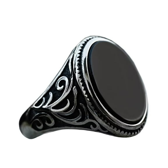 PAURO Men's Retro Stainless Steel Oval Black Agate Signet Ring Flower Statement Rings Silver Size 12