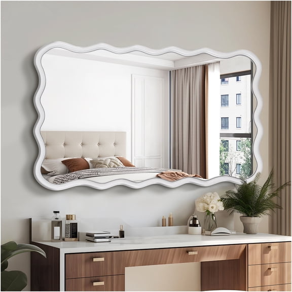 JERFIT Wavy Rectangle Wall Mirror, Solid Wood Frame, Farmhouse Modern Bathroom Vanity Mirror, Full Length Bedroom Entryway Decor, White