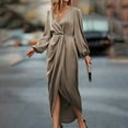thumbnail image 3 of MORTTIC Women's Solid Color V-Neck Long Sleeve Dress with Asymmetrical Hem Elegant Pleated Party Maxi Dress Light Champagne，S, 3 of 7