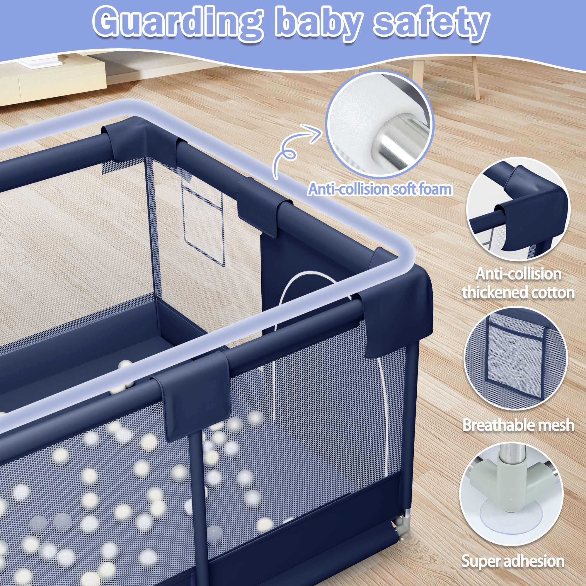 Babyeap Baby Playpen, Play Yard, Toddlers Playards, 50"x50" Infant Travel Fence with Basket, Blue