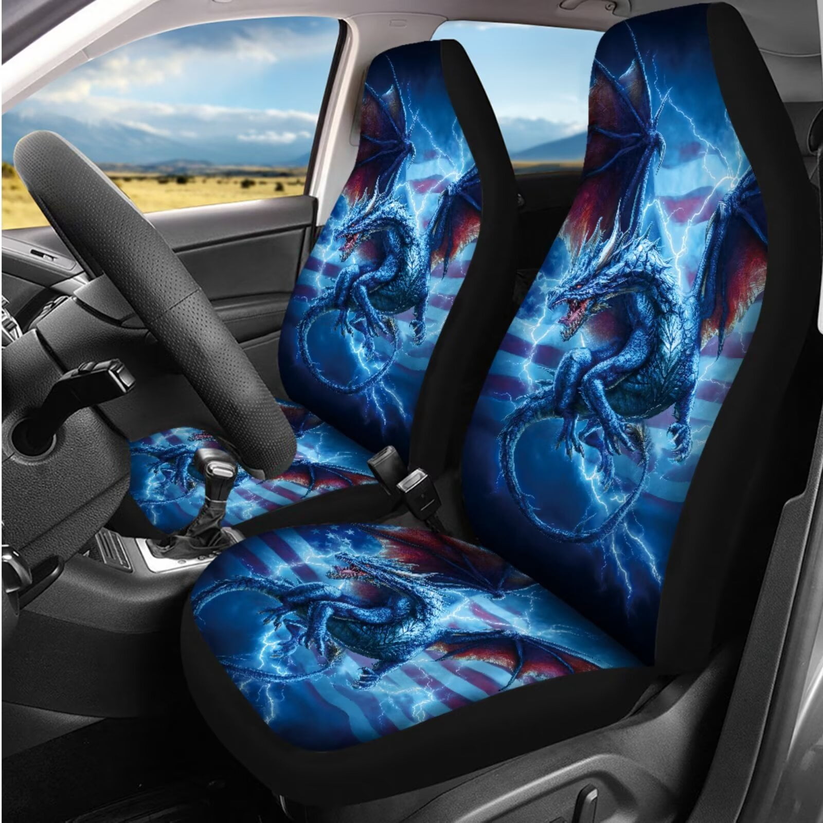 Binienty Western Dragon Lightning Car Seat Covers Full Set with Matching Steering Wheel Cover American Flag Car Interior Decor Set for Truck Van Sedan Car Armrest Cover Seat Belt Covers Coasters