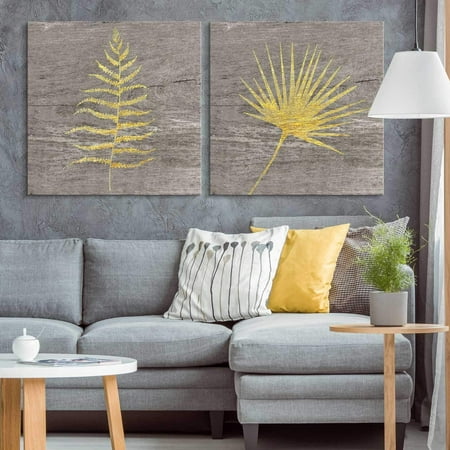 Fern Canvas Print (wall26 - 2 Panel Square Canvas Wall Art - Yellow Ferns Wood Effect Canvas - Giclee Print Gallery Wrap Modern Home Decor Ready to Hang - 16
