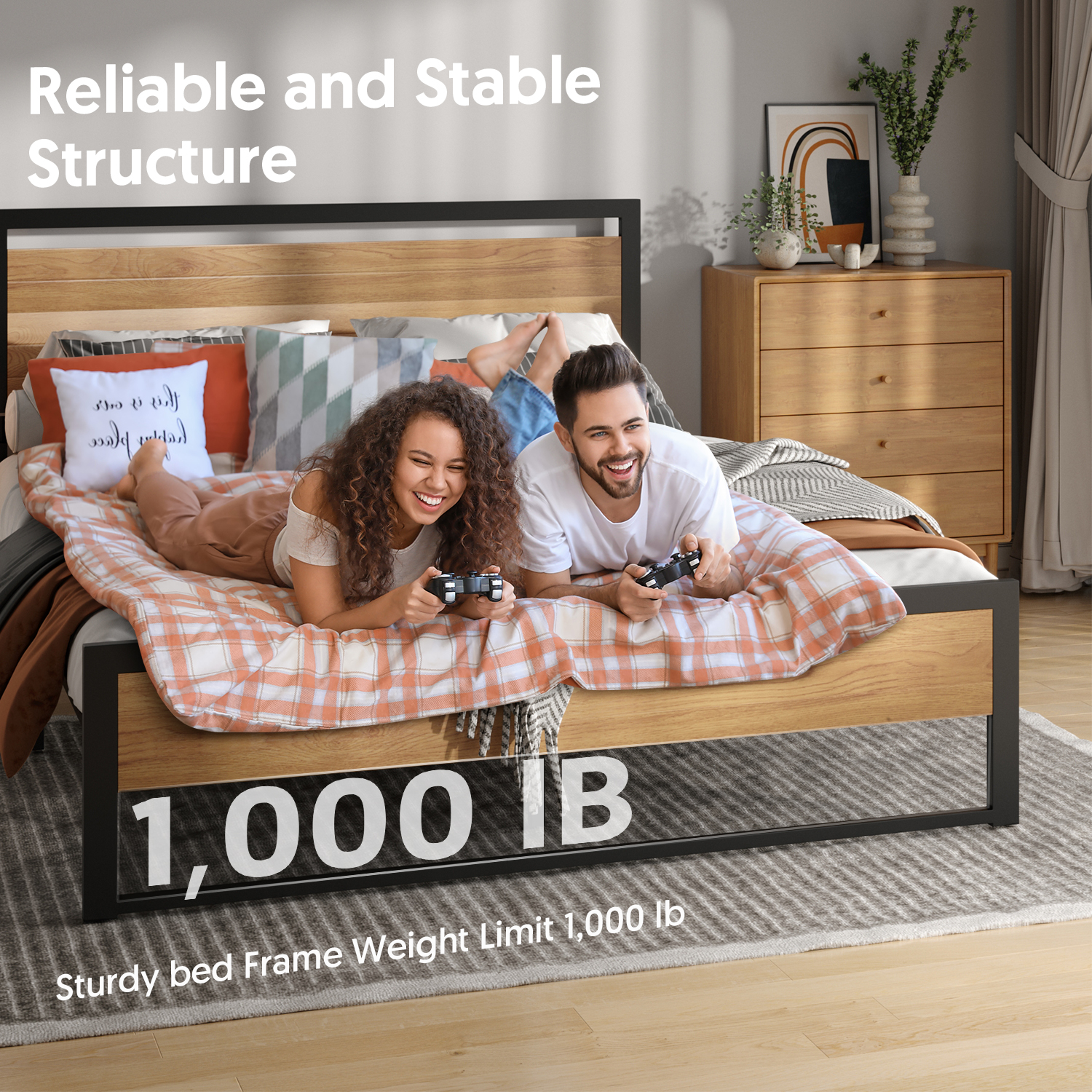Queen Size Bed Frame Steady Steel Platform with Wood Headboard/Footboard