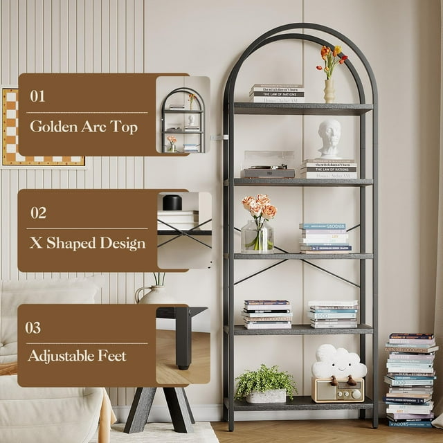 BeesClover Tall 5-Shelf Bookcase, Arched Display Rack with Metal Frame, Spacious Black Bookshelf for Bedroom or Living Room Storage