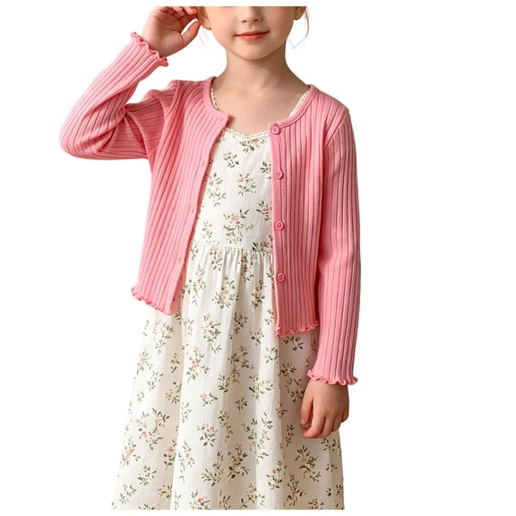 JFOPQVSM Girls Cardigan Button Down Knit Sweater 1-7Y Knitted Front,Scalloped Edges Long Sleeve Crew Neck Soft Stretchy for School Casual Dressy