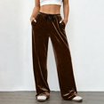 thumbnail image 2 of Women's Elastic Waist Velour Wide Leg Pants Long Palazzo Bell Bottom Casual Velvet Flare Jogger with Pockets Brown, 2 of 7