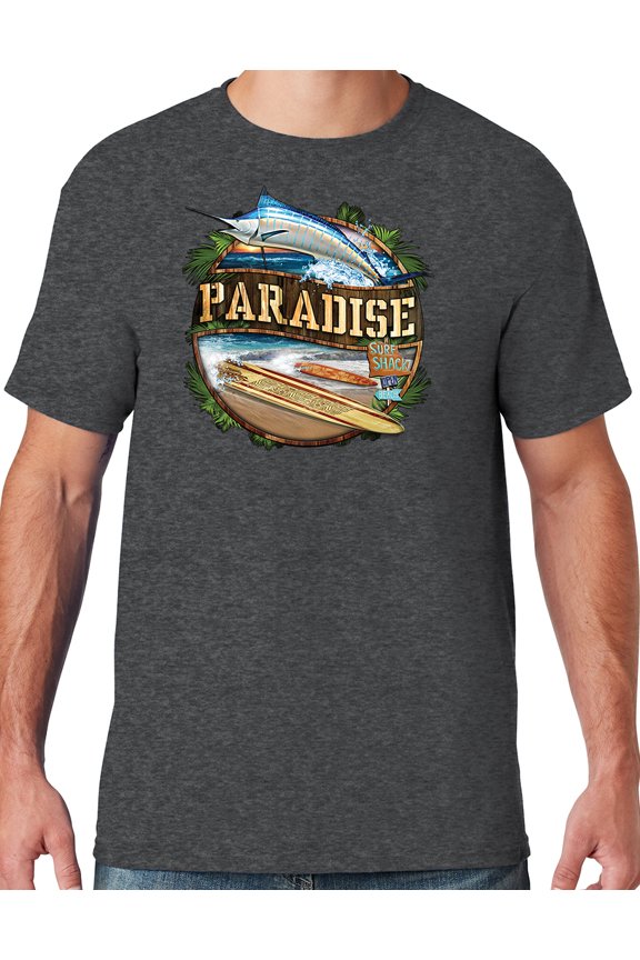 Mens Manu Bay Surf Company PARADISE SURF SHACK MARLIN T-shirt, Medium Black Heather