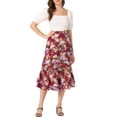 thumbnail image 2 of Unique Bargains Women's Printed Elastic High Waist Ruffled Hem Zipper Midi Skirt Dark Red-Floral M, 2 of 6
