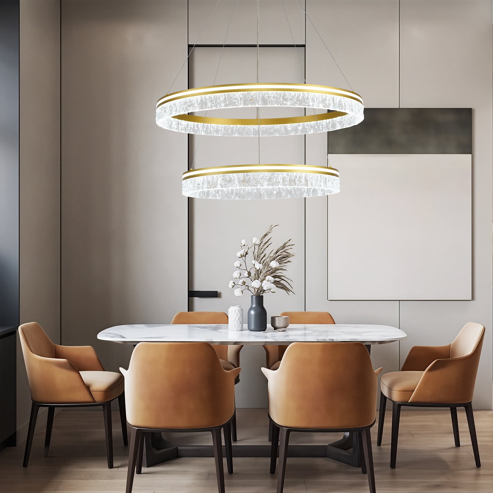 Modern 2-Ring Gold LED Chandelier, Dimmable Pendant Light with Remote, Adjustable Height Ceiling Fixture for Kitchen Island, Dining Room, Bedroom