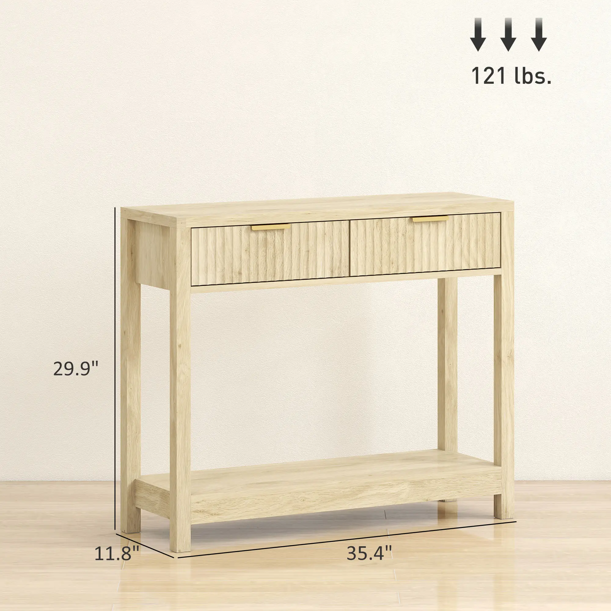 Natural Wood Console Table with 2 Fluted Drawers and Open Shelves, Modern Entryway Table with Anti-Tip Kit for Hallway Living Room Bedroom