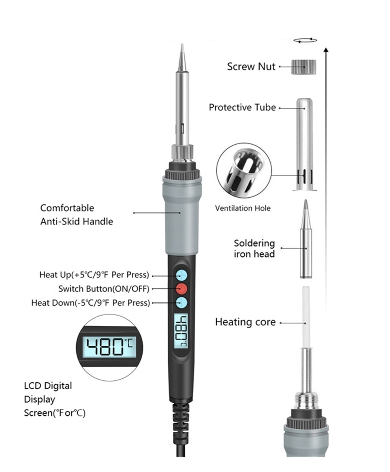 Welding Equipment,90W Constant Temperature Electric Soldering Iron, 180~480 Temperature Adjustable Electric Iron LCD Digital Display