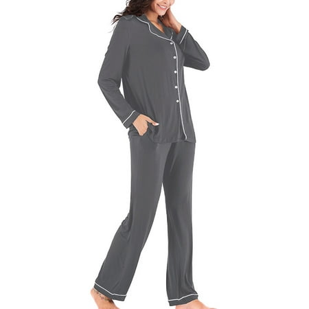 

2pcs Women Sleepwear Pajamas Set Long Sleeve Top and Long Pant Pyjamas Suit Gray M