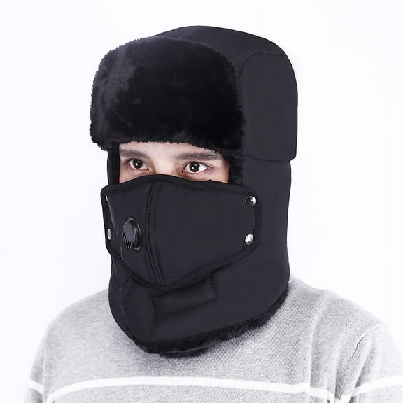 Winter Trapper Hat for Men & Women, Trooper Hunting Russian Fur Hat with Ear Flap & Mask Aviator Hat for Cold Weather Black
