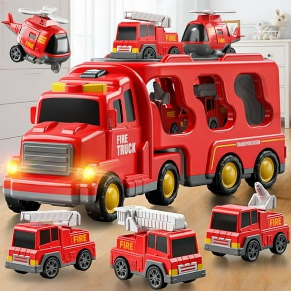 Truck Toys for 3 4 5 6 Years Old Boys,Toddler Car Toys for Toddler Boys Ages 3-5,Fire Toys Car Carrier Vehicle Toy Set,Kids Toys Truck Set for Age 3-9