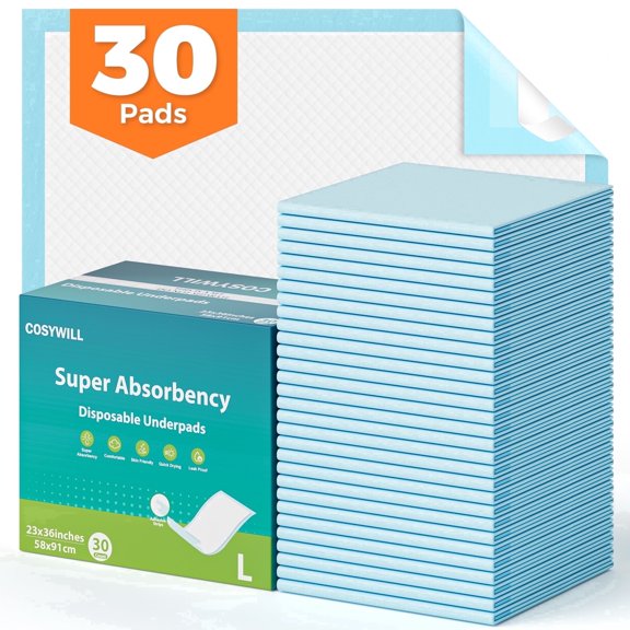 COSYWILL Bed Pads,23'' x 36'' Incontinence Bed Pads for Adults, Disposable Underpads with Adhesive Strip,30 Count