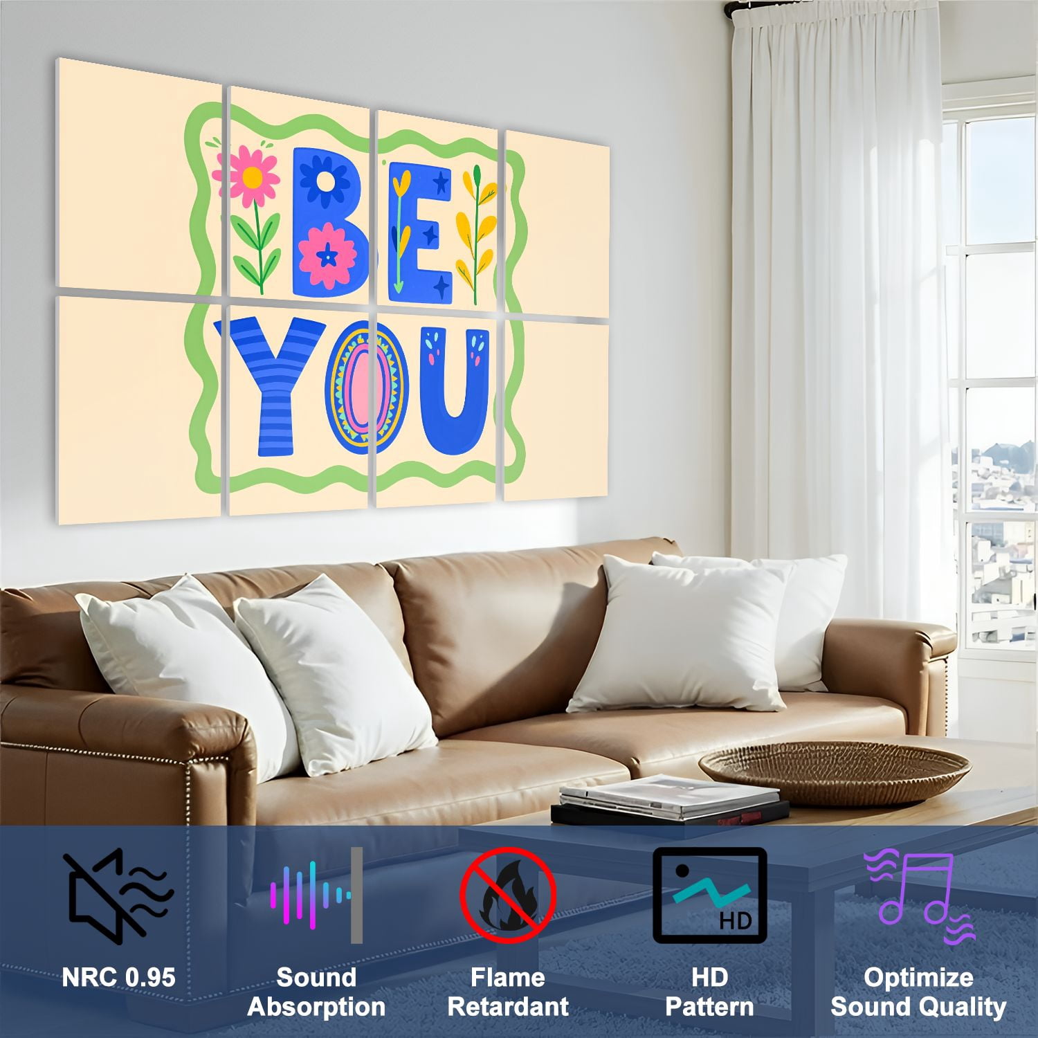 8 Pack Art Acoustic Panels Sound Absorbing Colorful Floral Be You Decorative Soundproof Wall Panels Self Adhesive for Nursery Game Room Bedroom 48"x32"