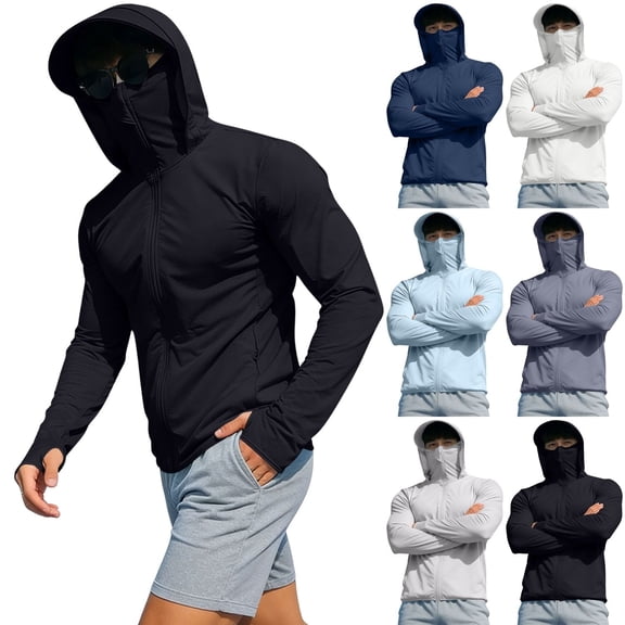 ShiShine Men's UPF 50 Sun Protection Hoodie Jacket with Face Cover Full Zip Long Sleeve Rash Guard with Thumb Holes Lightweight Athletic Top