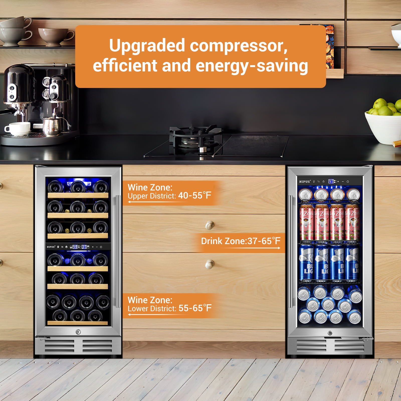 Nipus 15"+15" Wine and Beverage Refrigerator, 30 Bottles Dual Zone Wine Fridge and 130 Cans Beverage Fridge Cooler for Kitchen Office