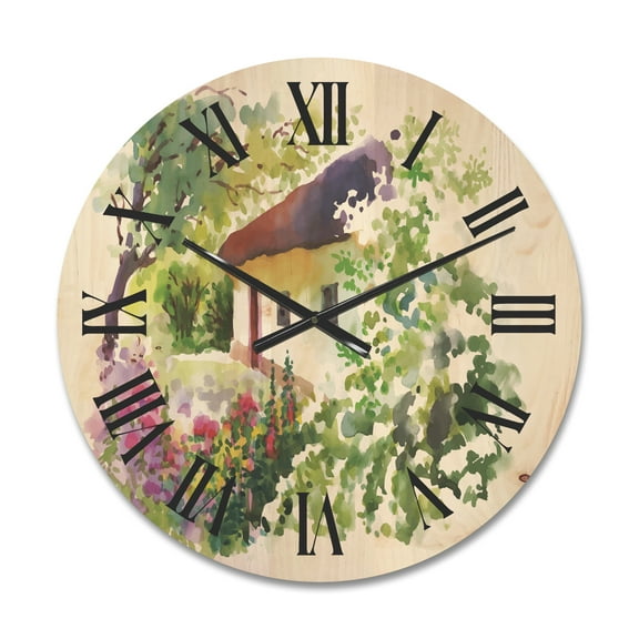 Designart 'Rural Village House On A Green Summer Day' Traditional Wood Wall Clock