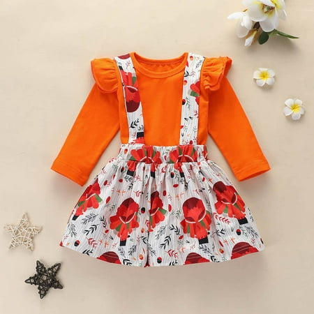 

Leutsin Toddler Baby Girls Long Sleeve Solid Top+Floral Suspender Skirts Set