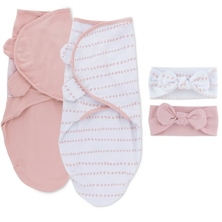 Petit Classics, 2 Pack Adjustable Swaddles and Bow Headbands Set, 100% Cotton, Baby Girl, 0-3 Months - Pink Dotted Stripes & Solid Pink