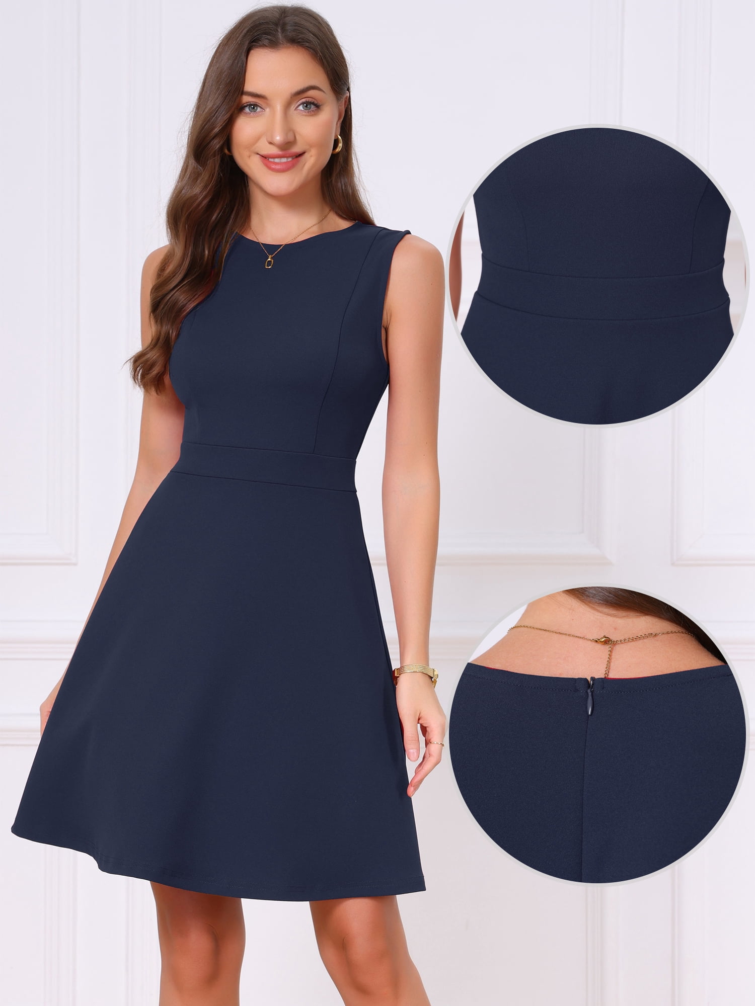 DARING DIVA Women's Elegant Sleeveless A Line Work Dress S Navy Blue