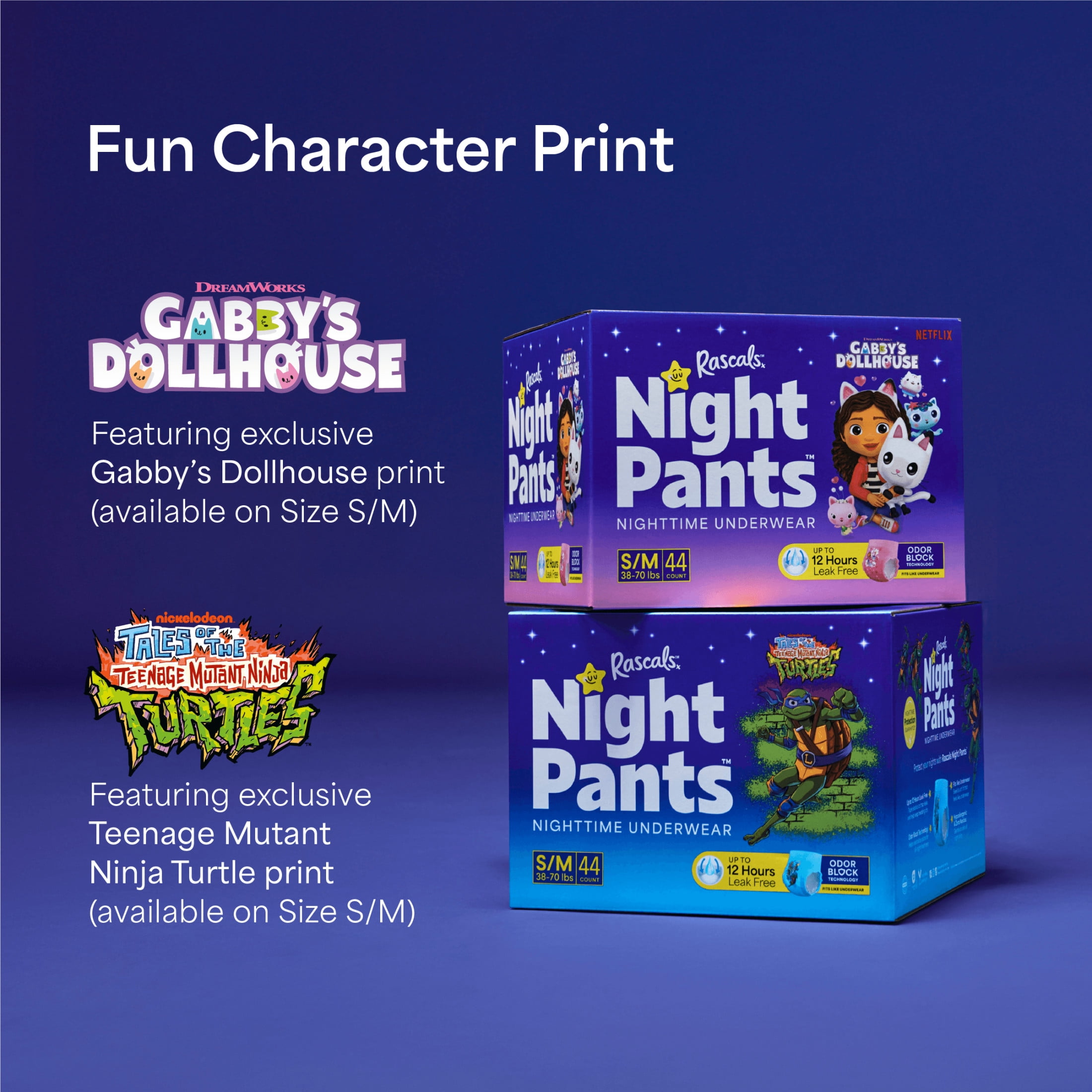 Rascals Night Pants, Absorbent Disposable Girls Nighttime Bedwetting Underwear, L (64-99 lbs), 34 Count, Night Pants