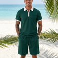 thumbnail image 2 of LTTVQM Mens Daily Wear Waffle Knit Half Zip Polo Tee Elastic Drawstring Shorts Summer Beach Vacation Walking Two Piece Tracksuit Dark Green XL, 2 of 9