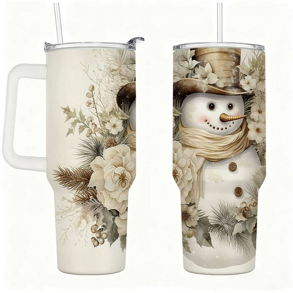 Vintage Snowman Tumbler with Lid and Straw, Neutral Christmas Floral Holiday Cup