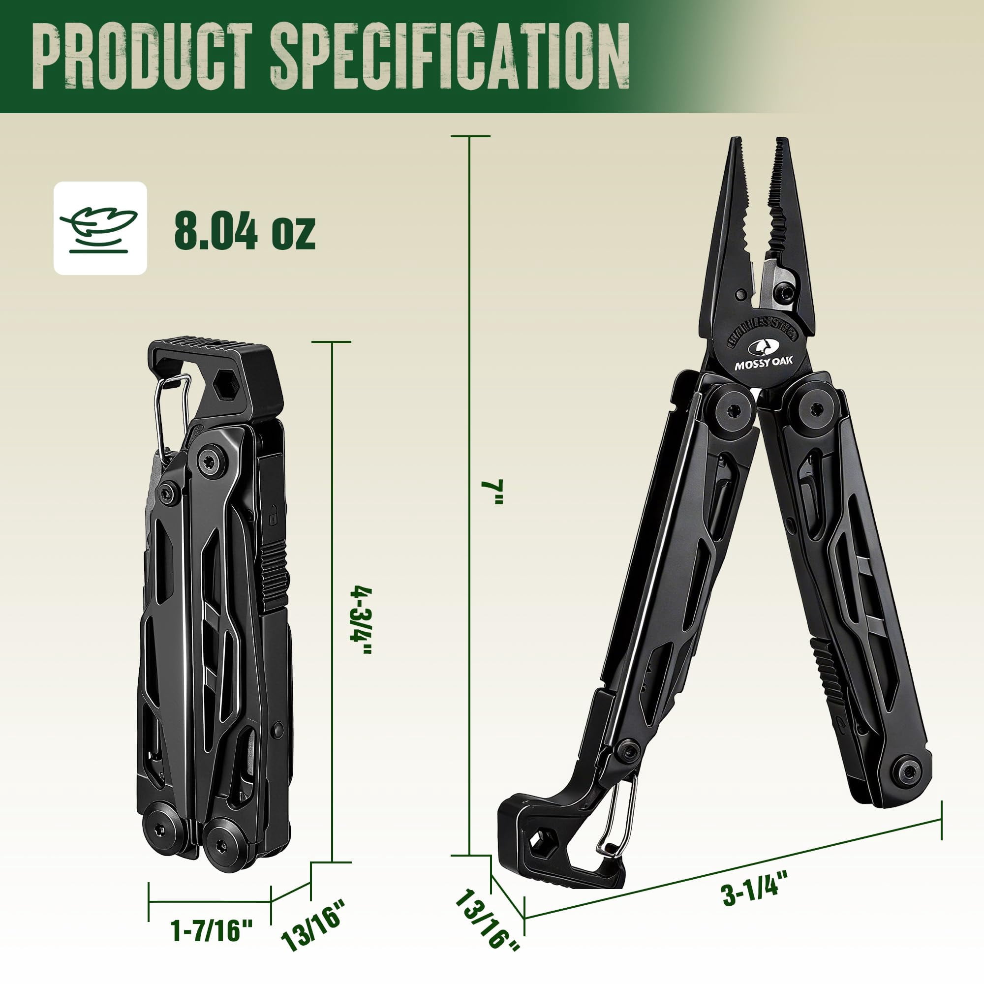 Mossy Oak Cnc-machined Multitool Pliers  27-in-1 Multi Tool With Pocket Fire Starter & Whistle Bottle Opener - Self-locking For Camping Hiking Black