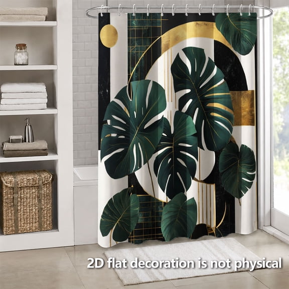 Hoease Emerald Monstera Leaf Gold Geometric Shower Curtain, 71W x 71L Inch Waterproof Fabric Bathroom Curtain with 12 Hooks, Luxury Modern Bath Decor