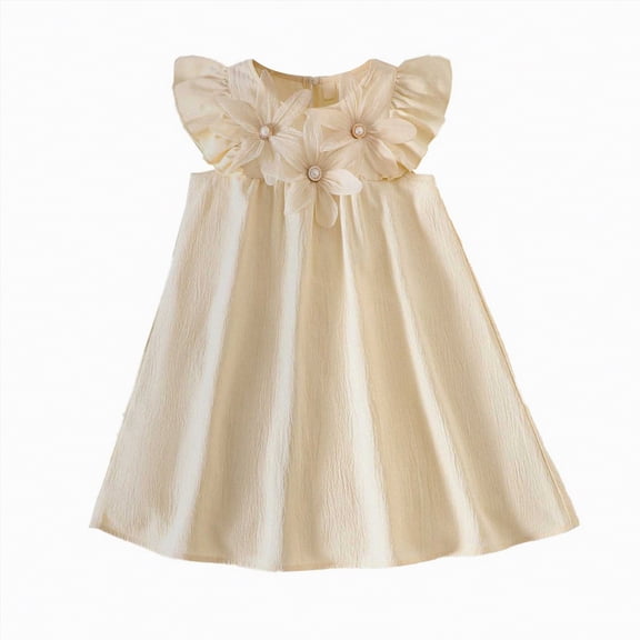 CAUYDY Toddler Summer Dress 9M 12M 24M Baby Infant Girl Kids Children Flutter Sleeve Casual Floral Sundress Crew Neck for Kids 3T 4T 5T 6T (Sizes 6 Years,H3-Beige)