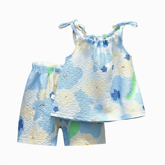 KPOPLK Summer Toddler Baby Girl Clothes 2 Piece Sleeveless Tank Tops and Shorts Sets Girls Cute Outfits(5-6 Years,Blue)
