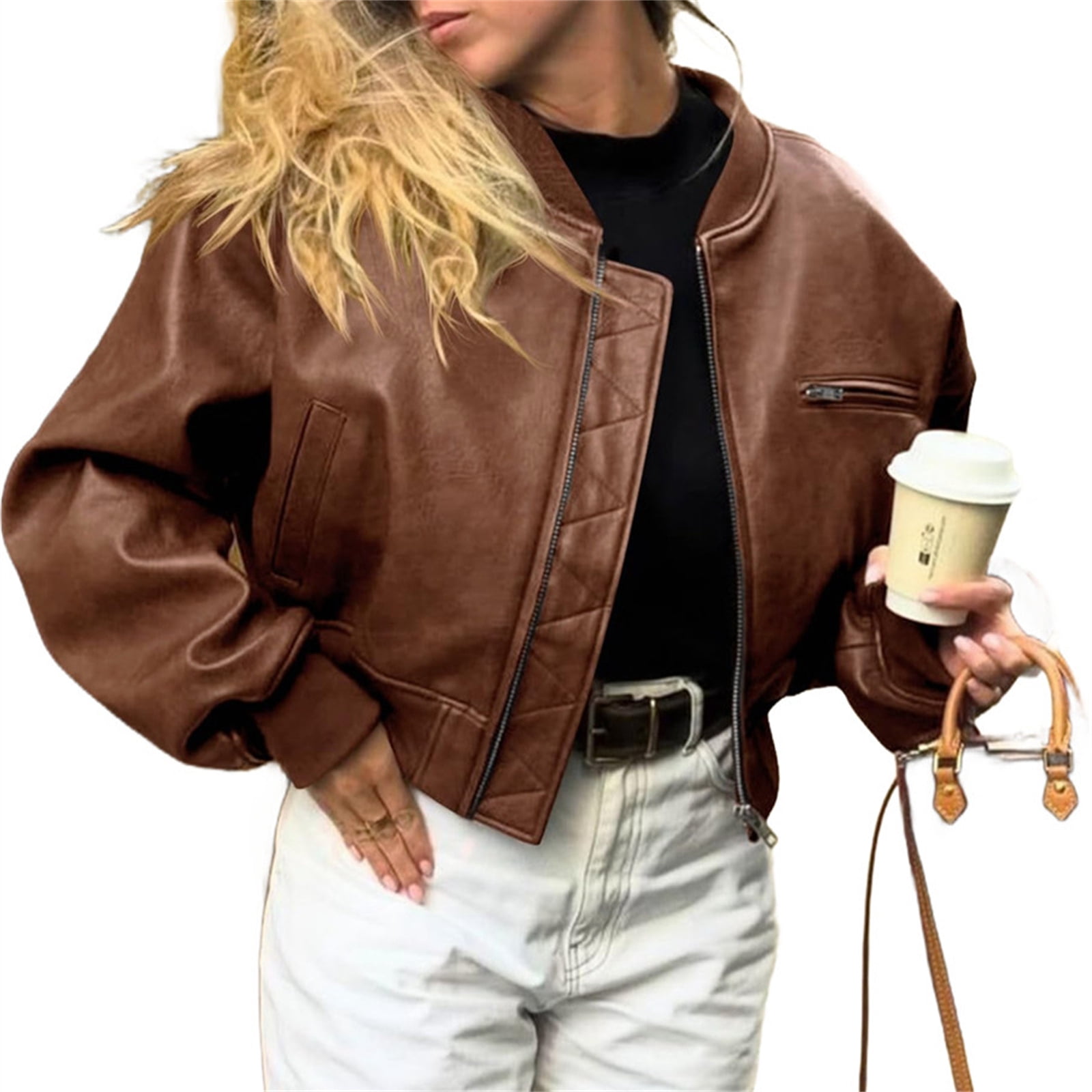 Womens Faux Leather Bomber Jackets Baseball Collar Zip Up Cropped Biker Coat with Pockets