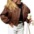 thumbnail image 6 of Womens Faux Leather Bomber Jackets Baseball Collar Zip Up Cropped Biker Coat with Pockets, 6 of 7