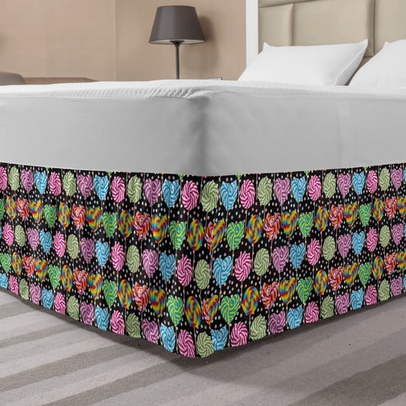 Dessert Bed Skirt, Colorful Candy Lollipops Spiral Sugar Canes with Polka Dots, Elastic Bedskirt Dust Ruffle Wrap Around for Bedding Decor, 4 Sizes, Sky Blue Magenta and Lime Green, by Ambesonne