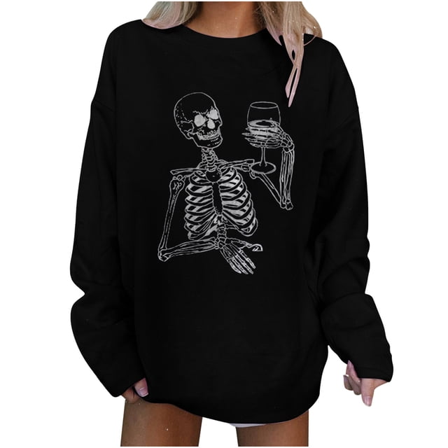 Blusa de manga larga con cuello redondo y estampado de calavera a la moda para mujer Pompotops gfhjh16740