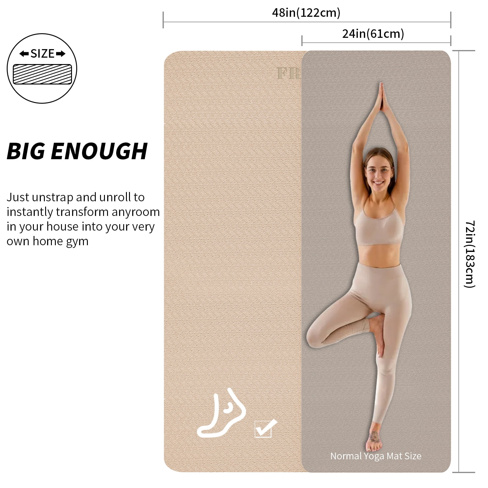 Frach Large Yoga Mat Extra Wide 4 ft,0.3" Thick with Strap, Non-Slip High Rebound for Home and Outdoor,Gym and Travel(Beige+Black)