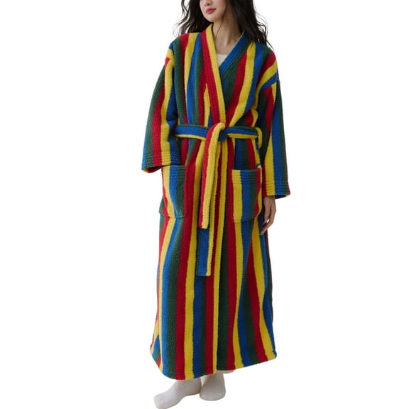 SWSMCLT Women's Long Sleeve Pajamas Fleece Robe Long Winter Thick Warm Bath Soft Polar Fleece V Neck Fall Pjs Rainbow Large