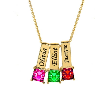 - Personalized Sterling Silver or 14K Gold Over Sterling Silver Family Charm Pendant with Up to 6 Square-Shaped Birthstones with an 18 inch Link Chain