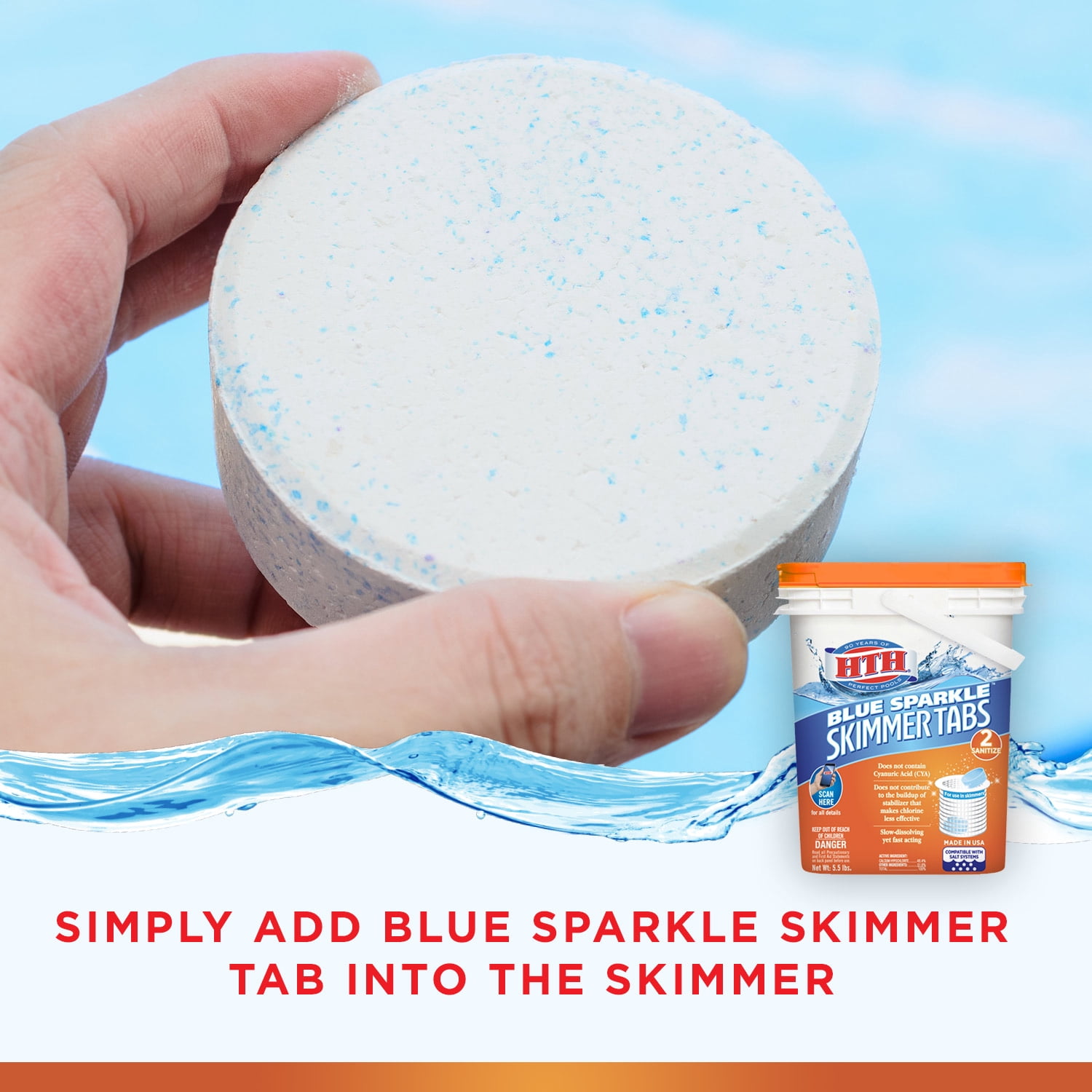 hth Blue Sparkle Skimmer Chlorine Tablets, Unstabilized Sanitizer for pools, 5.5 lbs