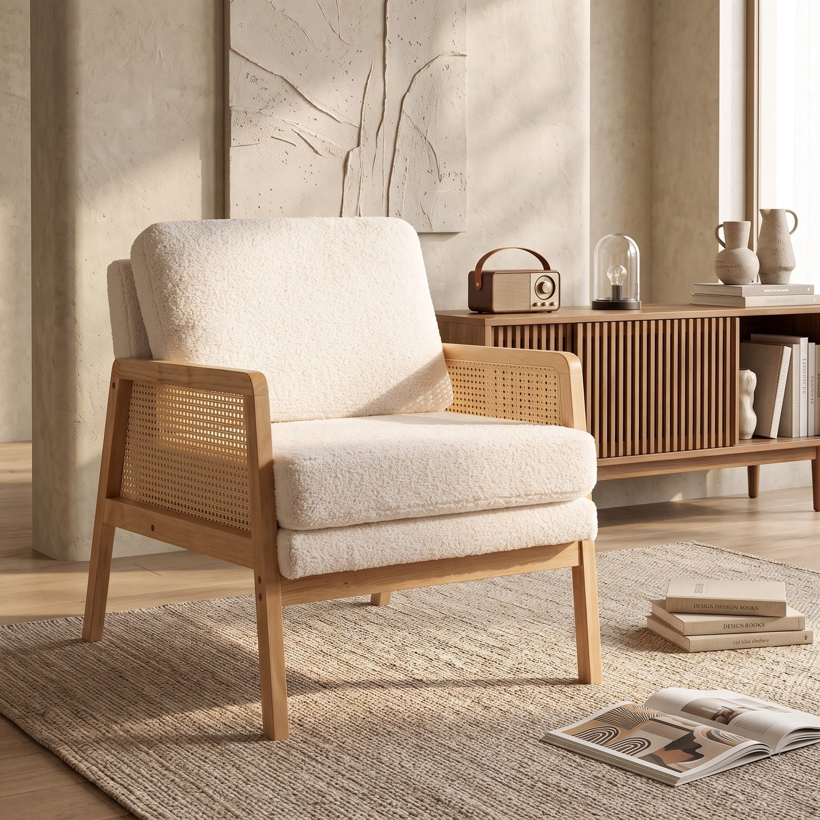 Furnibear Mid Century Modern Accent Chair with PE Rattan Arms, Sherpa Fabric Upholstered Armchair with Removable Cushion and Backrest Pillow for, Natural Brown & Beige